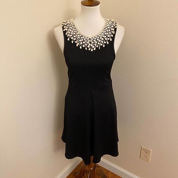 Free People Black Waffle Knit Dress with Lace Peter Pan Collar Small - Picture 1 of 5